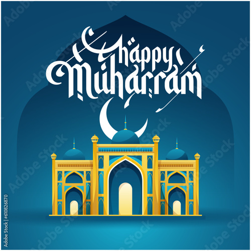 Happy muharram greeting with islamic lanterns