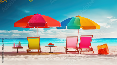 beach colorful parasols and benches Generative AI © 애영 고
