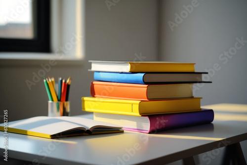 A book pile close up on a study desk. Front view pile book. For festival of world book day  national book day or national education day. Stack of colorful books on study table by AI Generated