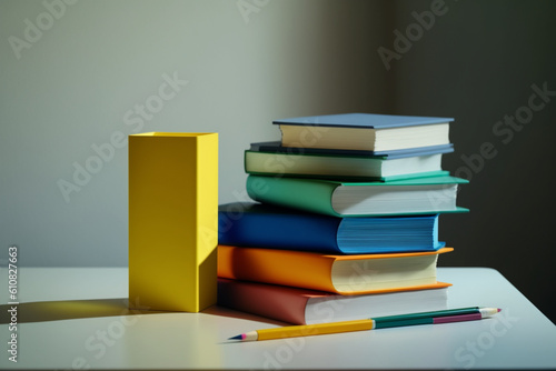 A book pile close up on a study desk. Front view pile book. For festival of world book day, national book day or national education day. Stack of colorful books on study table by AI Generated