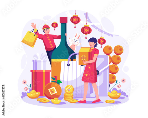 Chinese new year shopping illustration. Happy a couple buy plenty of new year's groceries. Vector illustration in flat style