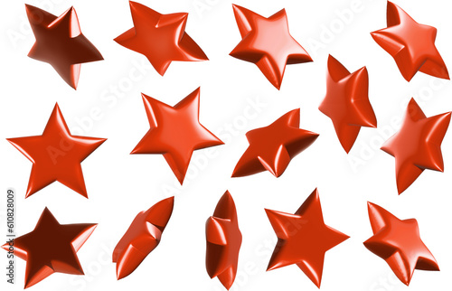 Red chrome stars with texture and realistic lights and shadows, several angles. (ID: 610828009)