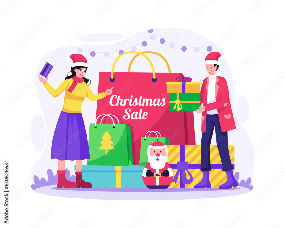 Christmas Sale and Shopping concept with a couple enjoying the Christmas sale by shopping for many things. Vector illustration in flat style