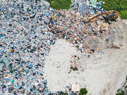 Aerial view waste dump, Waste from household in waste landfill disposal pile plastic garbage and various trash, Environmental pollution .