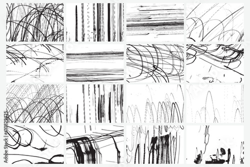 Random grunge scribbles drawing and writing backgrounds set. Grunge abstract backdrops made of chaotic hand drawn scribble sketch burst textures. Set of doodles. Sketchy school notebook ink drawing.