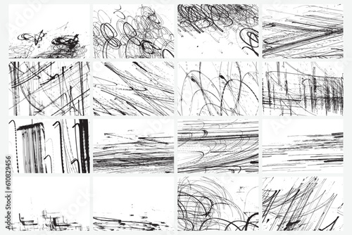 Hand drawn set of ink pattern and textures set made of scratches and lights trails. Abstract drawing backgrounds in black and white. Trendy monochrome pencil or pen brush marks. Vector.