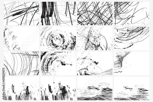 Scribble with pen or pencil strokes brush set. Hand drawn set with chaotic randomized abstract black white patterns scratches. Various doodles for covers, posters and cards. Vector.