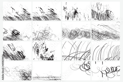 Set of texture of black charcoal pencil. Hand drawn scribble sketches. Collection of grungy graphite pencil crazy random irregular strokes. Abstract backgrounds. Set of ink hatching lines textures.