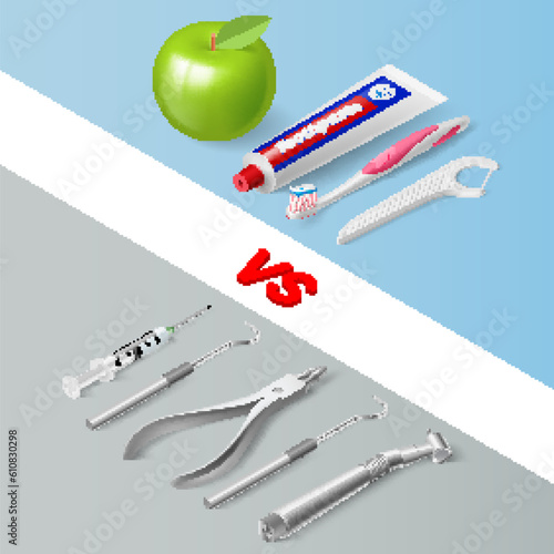Basic Dentist Tools, and Instruments on Gray Background vs Oral Hygiene Individual Tools and Green Apple on Blue Background