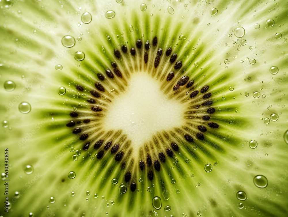 Slice of kiwi with water drops. Isolated on white background, macro close up shot with the seeds and pulp in evidence. For fruits advertising. Ai generated seasonal food illustration Slice of kiwi with water drops. Isolated on white background, macro close up shot with the seeds and pulp in evidence. For fruits advertising. Ai generated seasonal food illustration