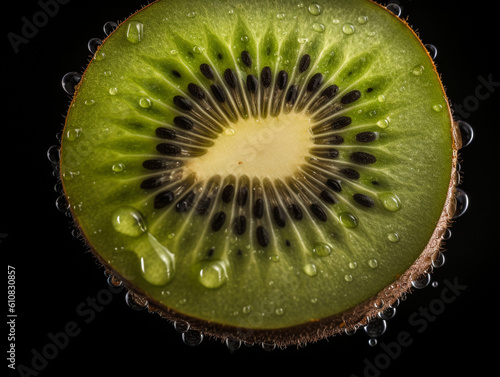 Slice of kiwi with water drops. Isolated on black background, close up shot for food advertising. Generative AI