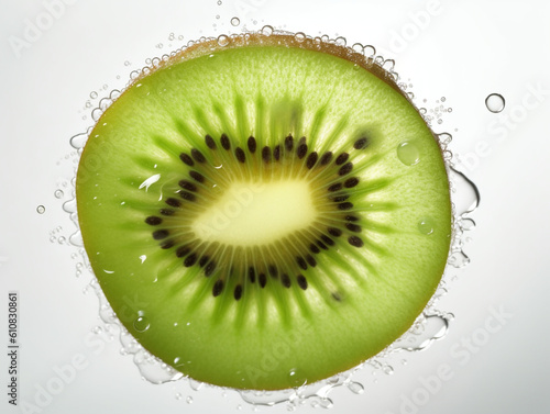 Slice of kiwi with water drops. Isolated on white background, close up shot for fruits advertising. Ai generated food illustration