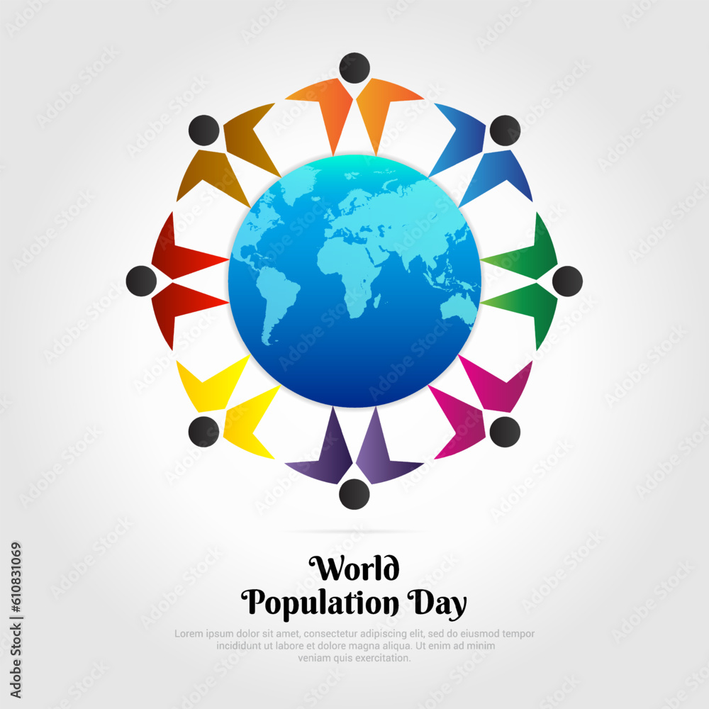 World population day design vector with world map and people silhouette. World population day background vector