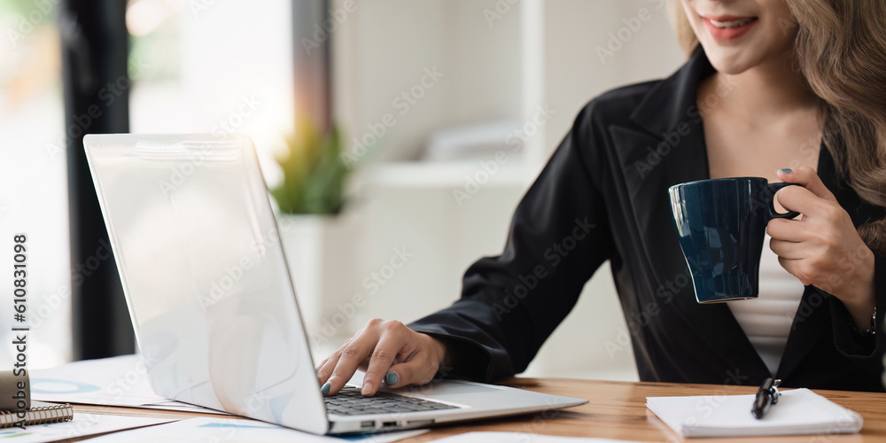 Accountant woman working on laptop and do document, tax, exchange, research, accounting and Financial advisor concept Accountant woman working on laptop and do document, tax, exchange, research, accounting and Financial advisor concept