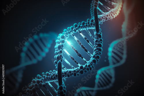 Helix, model of human DNA on futuristic digital illustration background. Post-processed generative AI