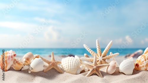 Beach sea themed banner with beautiful shells and coral.
