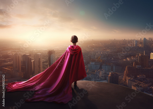 a little girl standing in the morning sun with a red superhero cape, generative AI