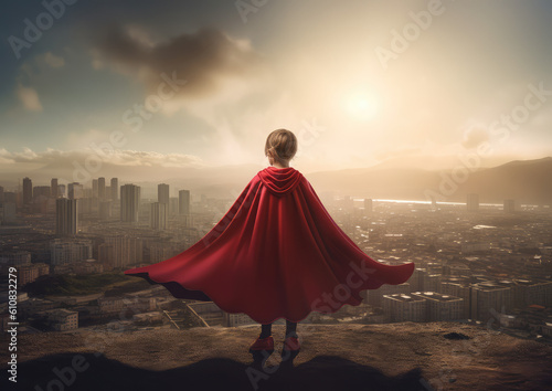 a little girl standing in the morning sun with a red superhero cape, generative AI