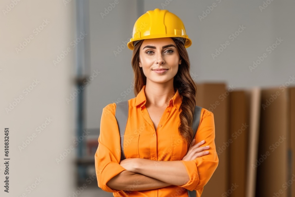 smiling young female construction worker posing looking at the camera. Generative AI smiling young female construction worker posing looking at the camera. Generative AI
