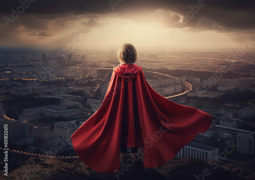 a little girl standing in the morning sun with a red superhero cape, generative AI