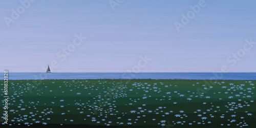 Flowers field at the edge of cliffs have the sea and dramatic sky behind vector illustration. Seascape concept with blank space.