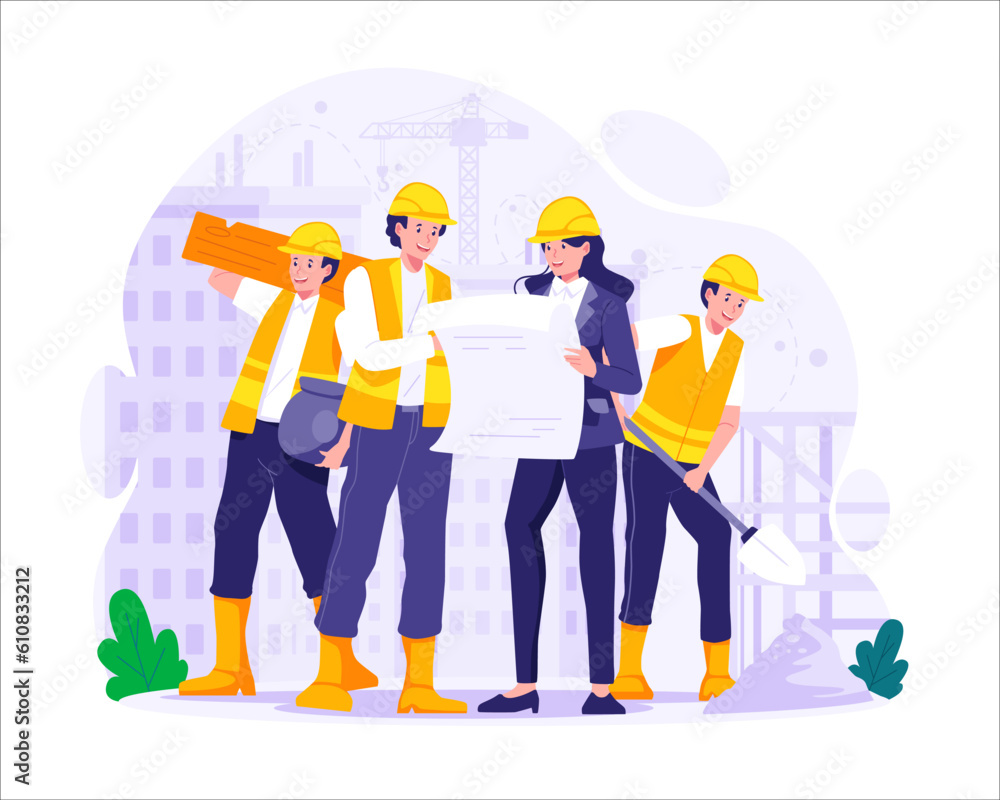 Vetor de Happy Workers Day. Construction workers work together to build ...