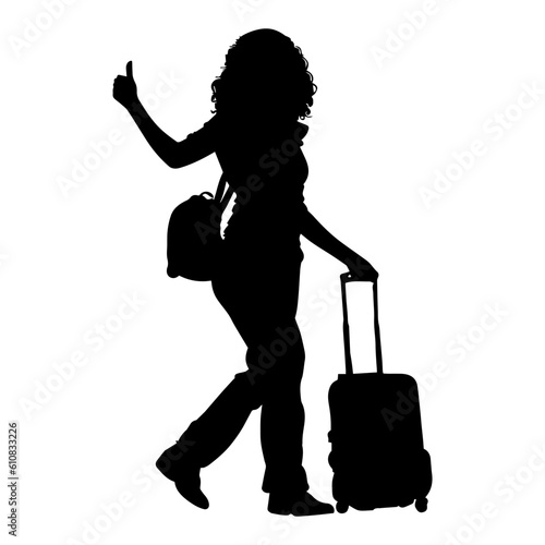 Vector illustration. Silhouette of a woman traveler with a suitcase.