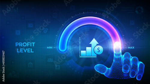 Increasing Profit Level. Wireframe hand is pulling up to the maximum position circle progress bar with the profit icon. Finance concept of profitability or return on investment. Vector illustration.