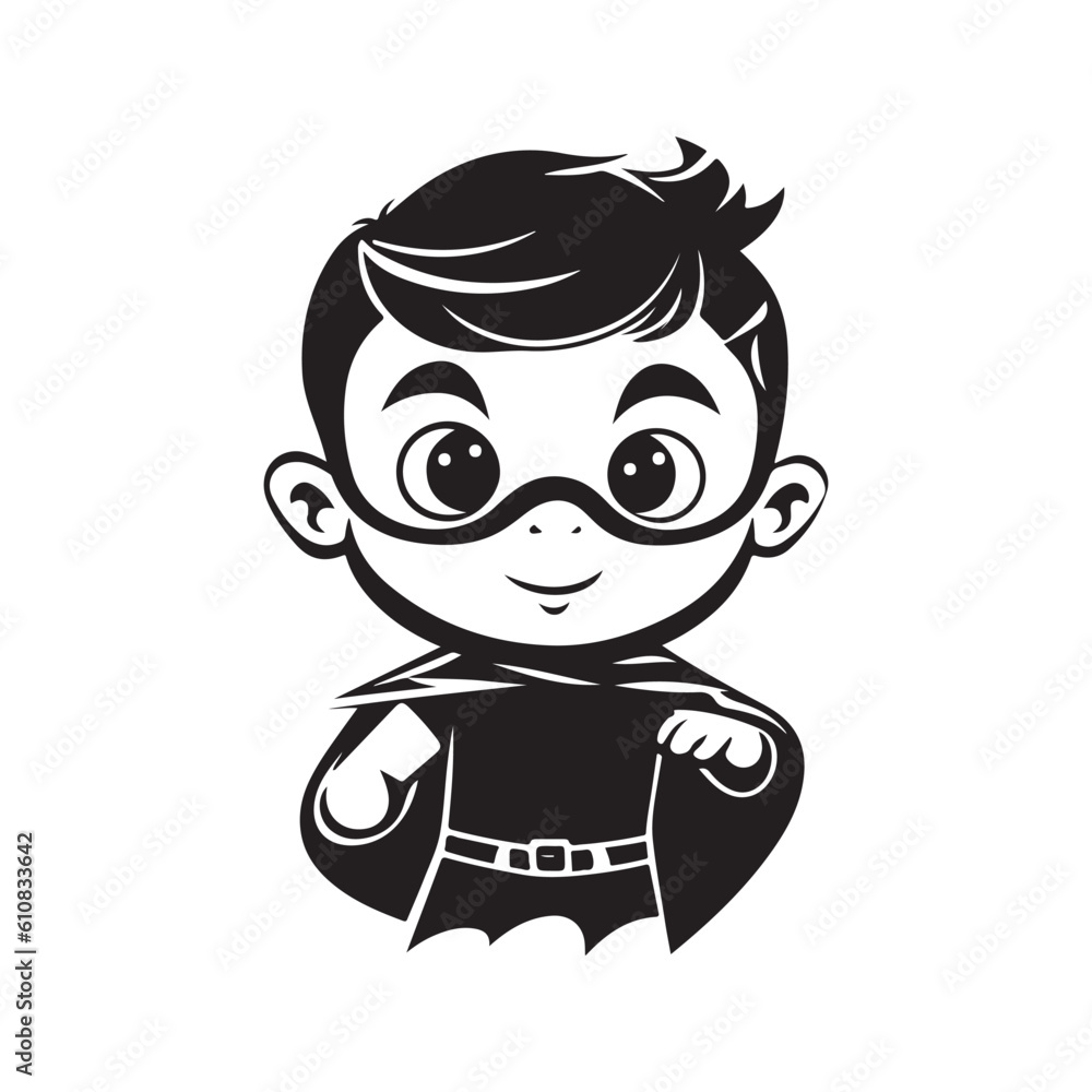 kid superhero, vintage logo line art concept black and white color, hand drawn illustration