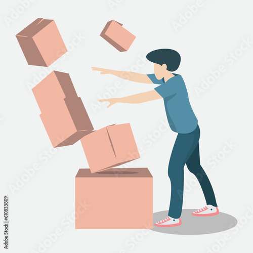 This vector illustration depicts a dynamic scene where a man is energetically pushing a cardboard box. The artwork showcases the strength and determination of the individual as they exert force to mov