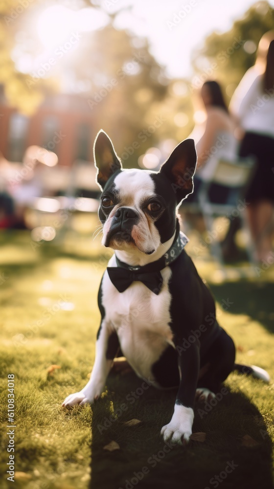 A Boston Terrier with a bow tie. Generative AI. 