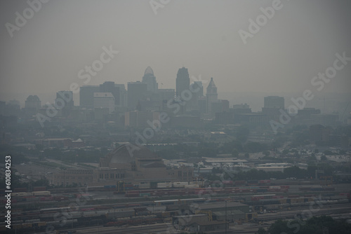 Smog in Cincinnati, skyline cityscape, Ohio. Fire smog from Canada in Ohio.