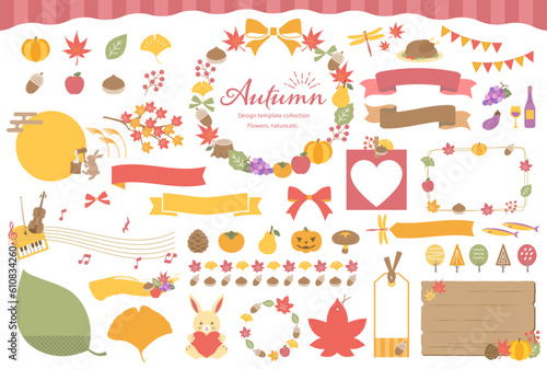 Tableau sur toile 秋のイラストとフレームセット/ 文字なし /あしらい、紅葉、感謝祭、自然、飾り枠、見出し、ベクター