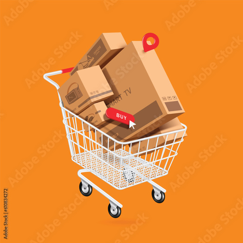 Lots of parcel boxes or cardboard boxes, electronics or gadgets placed in shopping cart after pressing red buy order button