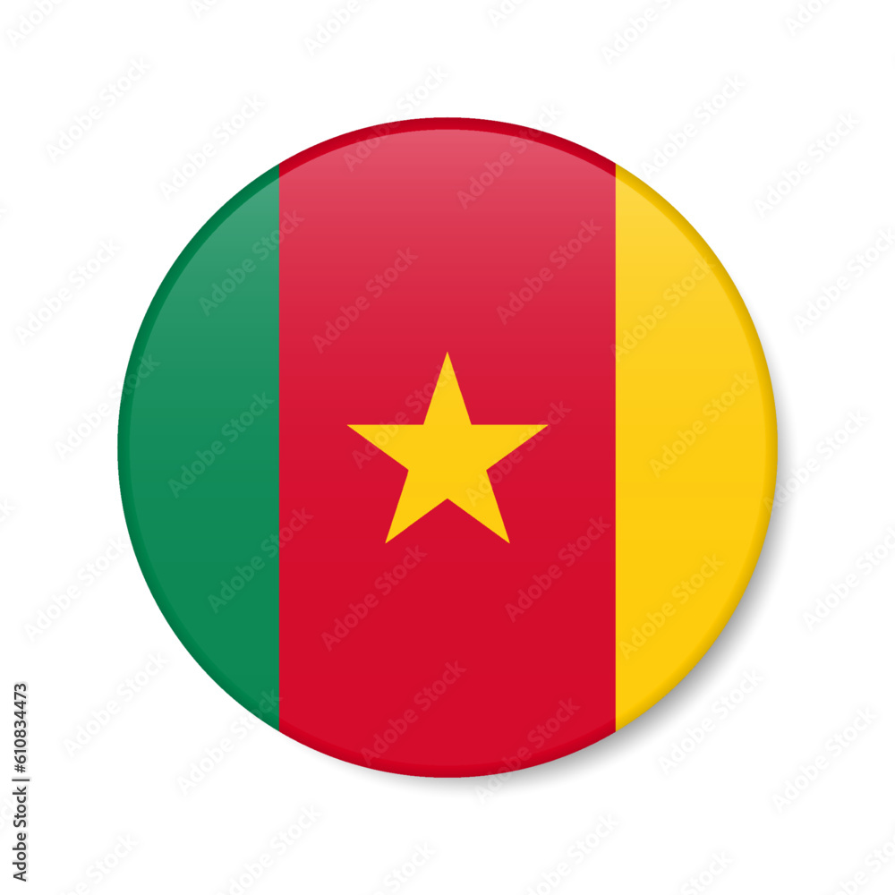 Cameroon circle button icon. Cameroonian round badge flag. 3D realistic isolated vector illustration