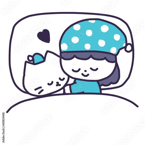 ベッドでかわいい白い色の子猫と寝ているナイトキャップをかぶった女の子のイラスト photo