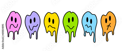 Colorful melt smile faces set. Cartoon trippy smiley illustrations collection. Design element for prints, posters, stickers. Vector