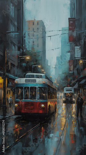 a picture of a city with buses, trams and rainy streets, architectural drawings, art photography, elegance, generated in AI