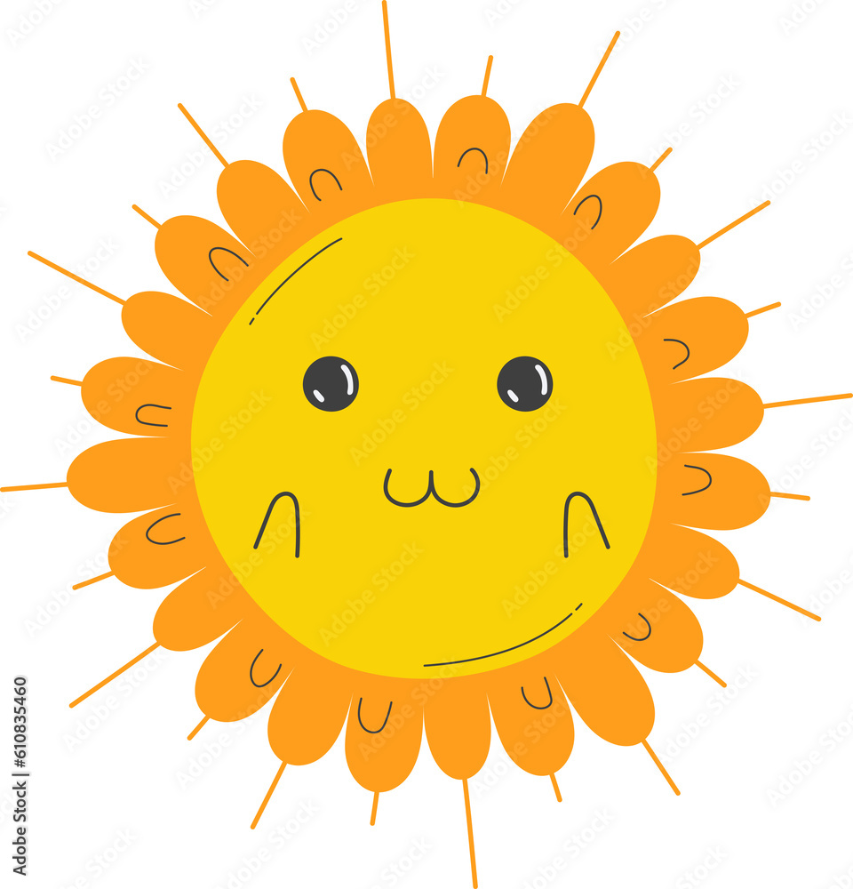Cute Sun with sunshine. Isolated illustration on transparent background.