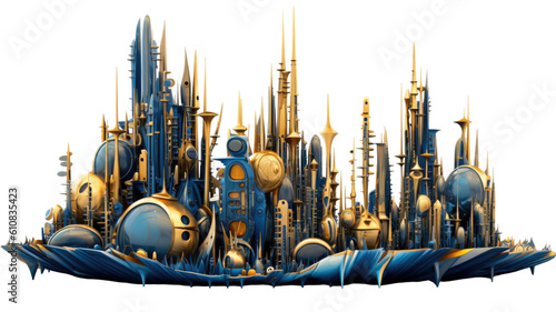alien cityscape in blue and gold abstract colorful shape, 3d render style, isolated on a transparent background
