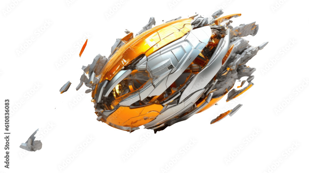 Naklejka premium spaceship debris in silver and orange abstract colorful shape, 3d render style, isolated on a transparent background