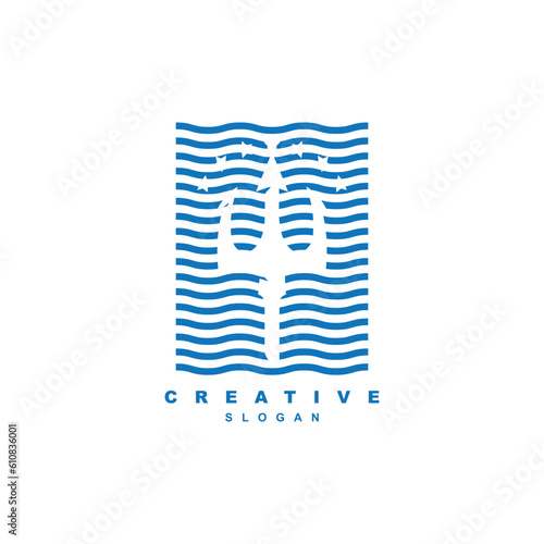 Negative space trident spear in water wave logo design vector illustration