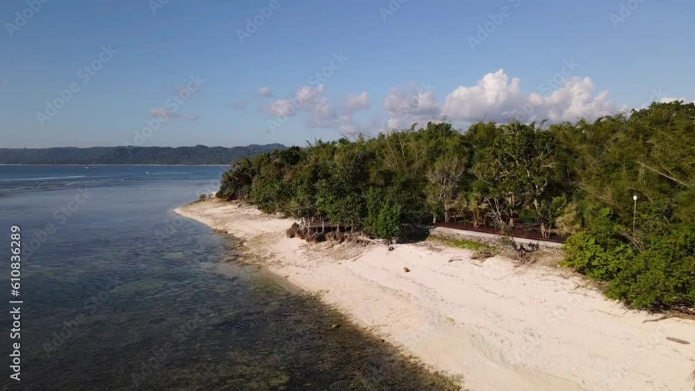 Drone aerial view of the sandy beach at the G-Land coastline with, Grajagan Bay, Plengkung Beach, Java, Indonesia Drone aerial view of the sandy beach at the G-Land coastline with, Grajagan Bay, Plengkung Beach, Java, Indonesia