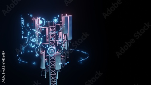 3D Rendering of mobile phone signal repeater station tower with futuristic hud hologram. Dark background. For telecommunication industry, 4g 5g mobile data.