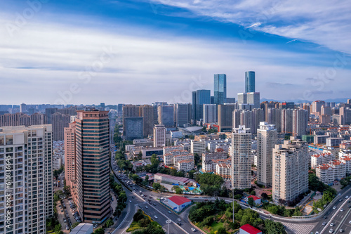 Aerial photo of urban landscape in Qingdao coastal bay area