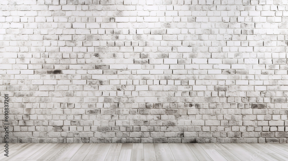 Tiled wall with a blank white bricks, room with white brick wall and wooden floor, Blank for design, copy space, generative ai