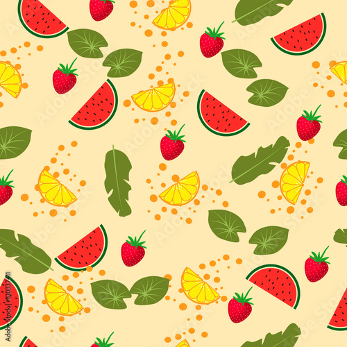 Fototapeta Naklejka Na Ścianę i Meble -  Hand Drawn Watermelon, Orange, Strawberry and leaves colorful summer season Pattern Seamless  orange Background 