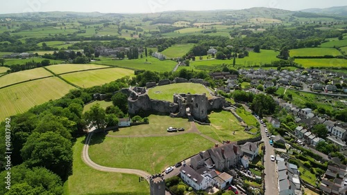 Denbigh Castle and Town Walls, Denbighshire, Wales - Aerial drone approach, focus on castle tower - June 23 photo