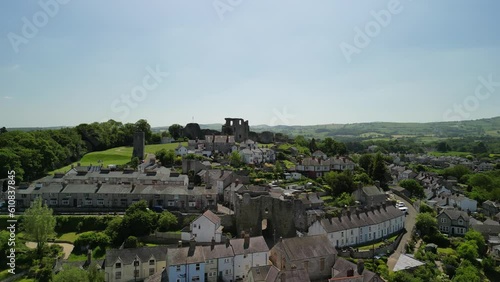 Denbigh Castle and Town Walls, Denbighshire, Wales - Aerial drone rise up and move in - June 23 photo
