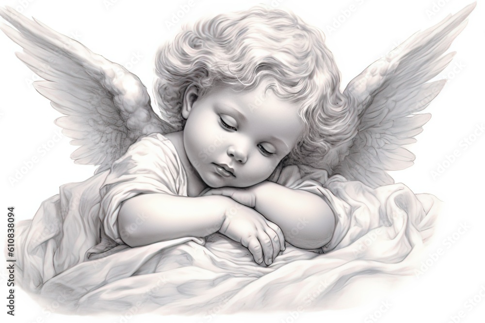 Sleeping cute little angel illustration. AI generated - obrazy, fototapety, plakaty 